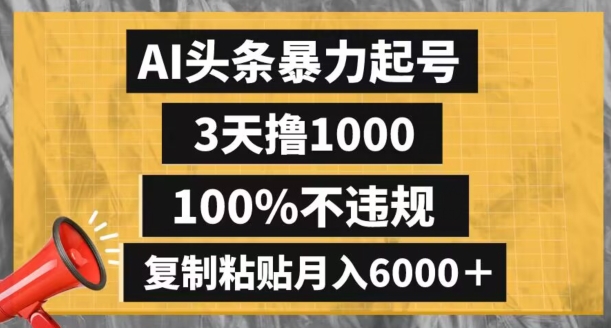 AI头条暴力起号，3天撸1000,100%不违规，复制粘贴月入6000＋【揭秘】-零点项目大全